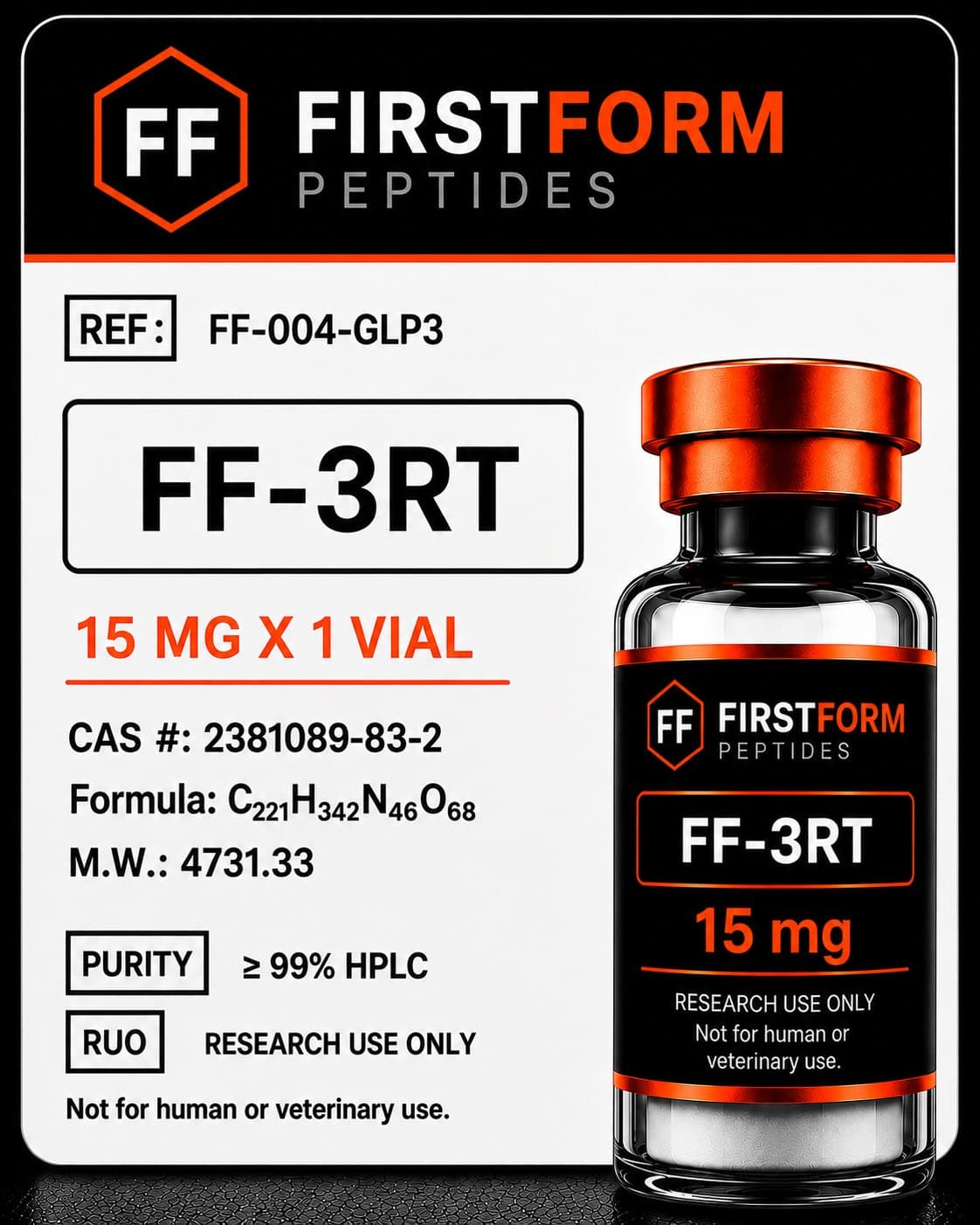 FirstForm Peptides FFP-3RT 15 mg research compound vial and label