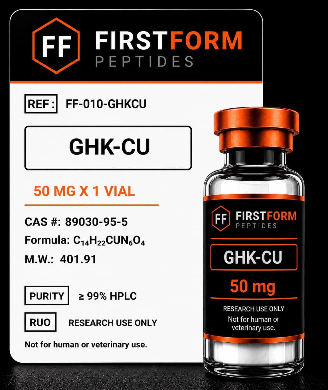 FirstForm Peptides GHK-Cu 50 mg research compound vial and label