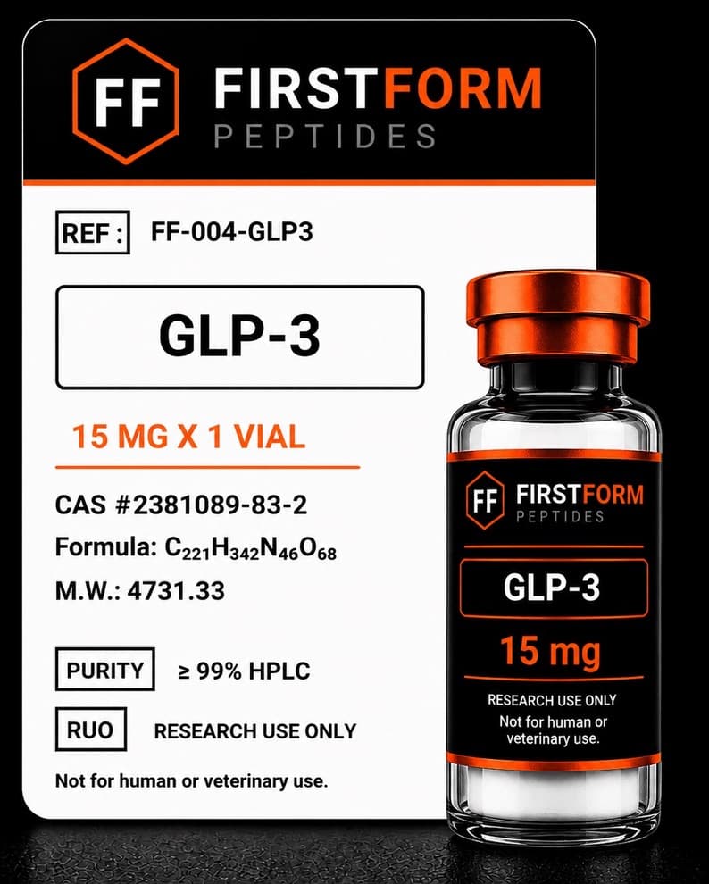FirstForm Peptides GLP-3 15 mg research compound vial and label