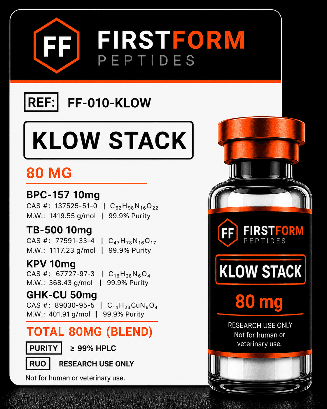 FirstForm Peptides KLOW Stack 80 mg research compound vial and label