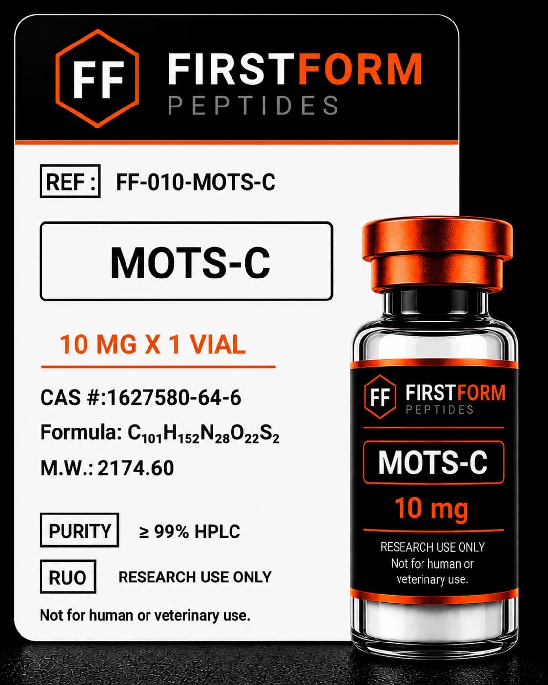 FirstForm Peptides MOTS-C 10 mg research compound vial and label