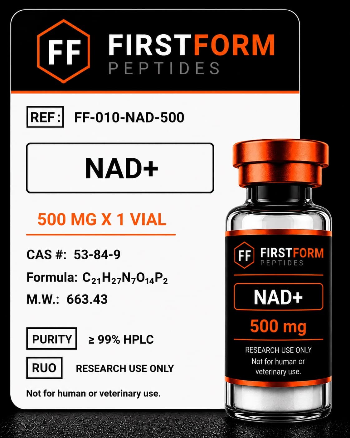 FirstForm Peptides NAD+ 500 mg research compound vial and label