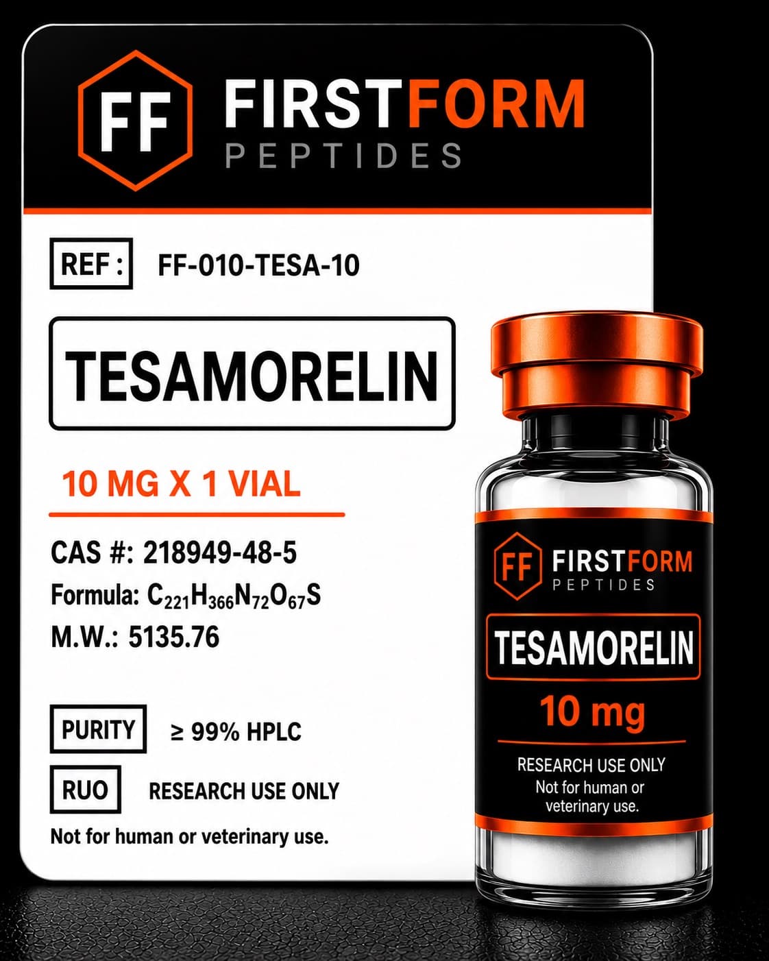 FirstForm Peptides Tesamorelin 10 mg research compound vial and label