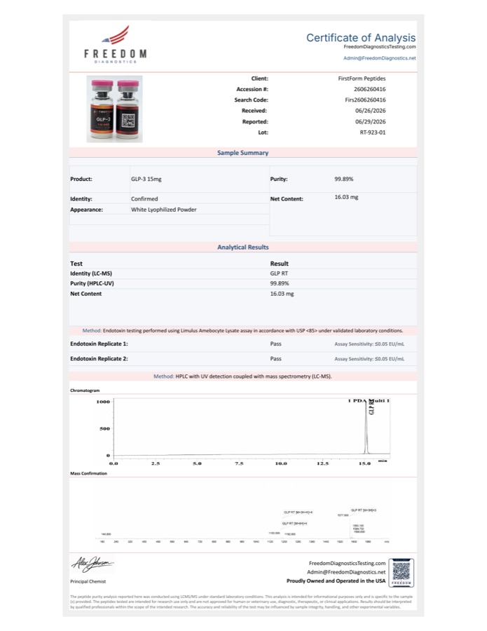 GLP-3 15 mg Certificate of Analysis, first page